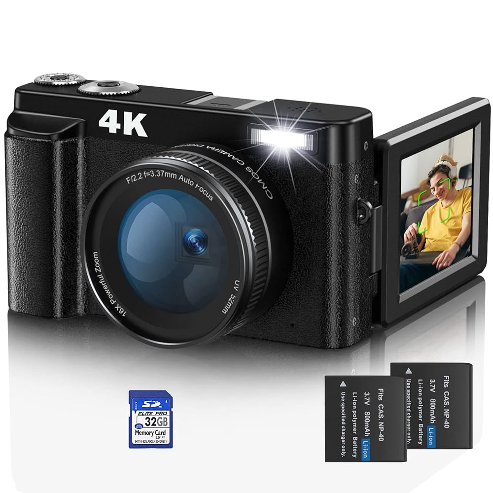 Autofocus Digital Camera, 4K Vlogging Camera for YouTube with WiFi, Autofocus Camera for Photography with 16X Digital Zoom, 32GB SD Card, 2 Batteries?Black?